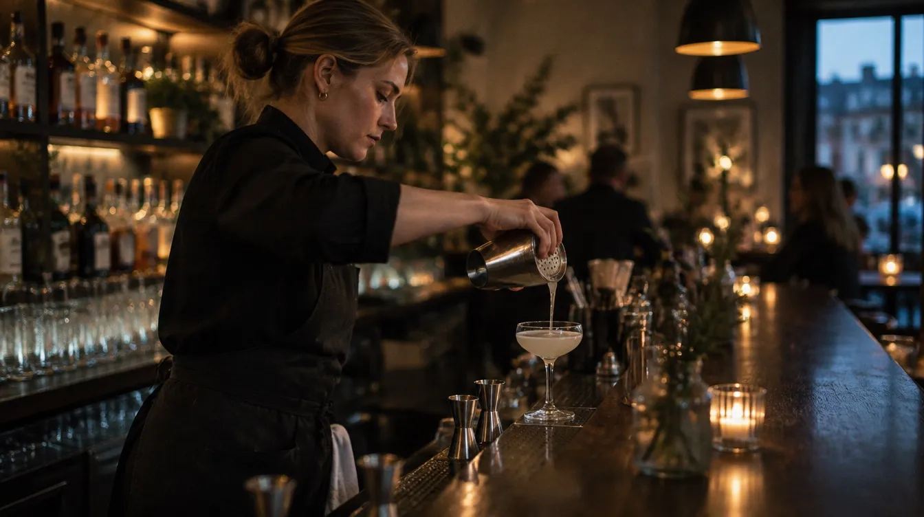 Bartender som häller upp en drink i ett coupeglas bakom bardisken