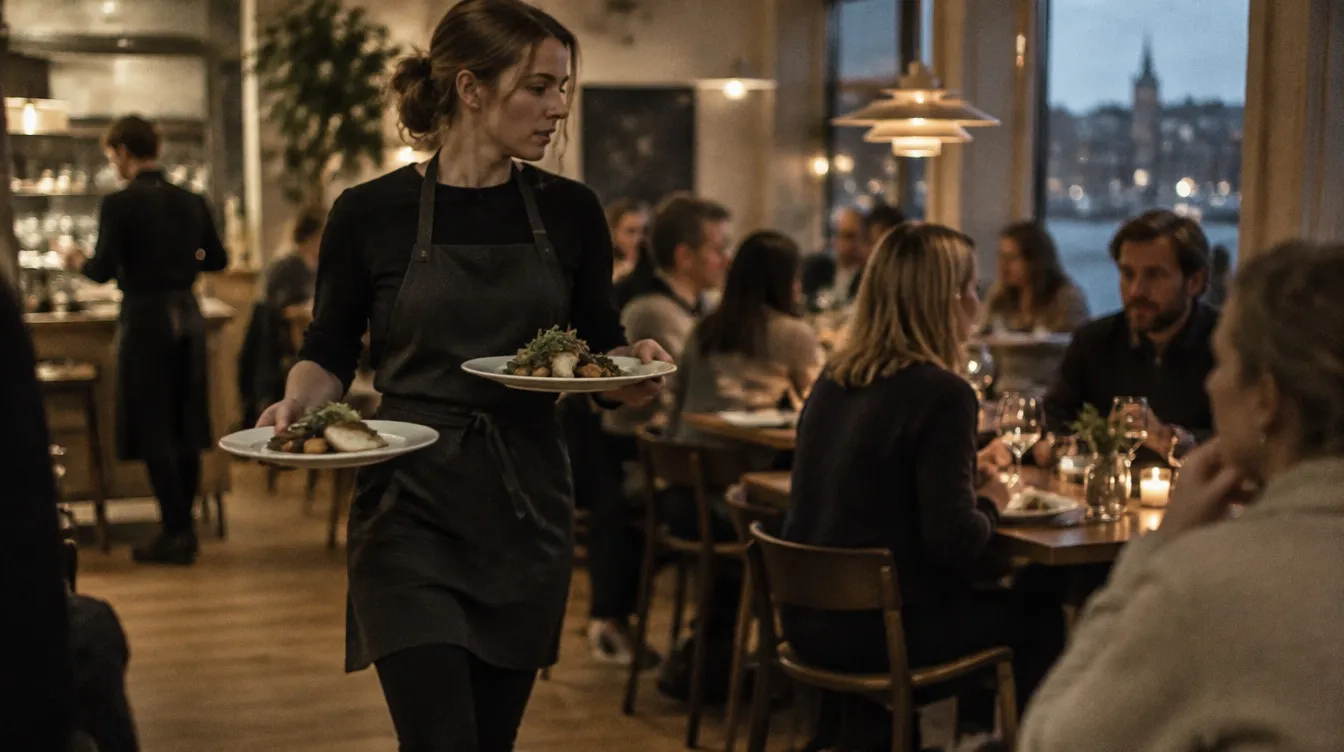 Servitris som bär två tallrikar genom en fullsatt restaurangmatsal